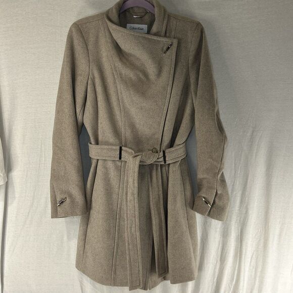Calvin Klein Jackets & Blazers - Calvin Klein Womens Wool Blend Belted Tan Wrap Coat Size Medium